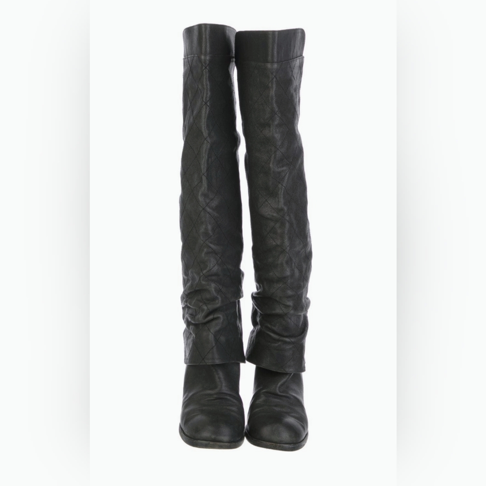 Rare! Chanel Quilted CC Over The Knee Black Leather Boots Size 10.5 US Women - Picture 2 of 16